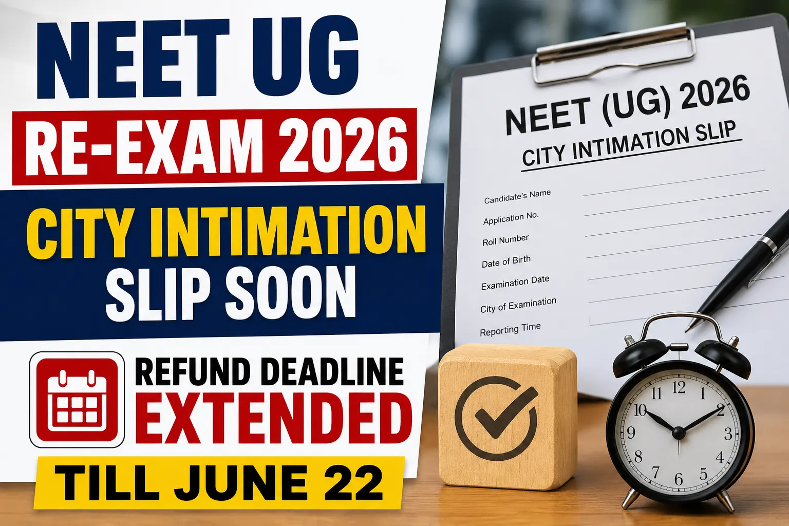 NEET UG Re-Exam 2026 City Intimation Slip Soon: Refund Deadline Extended Till June 22